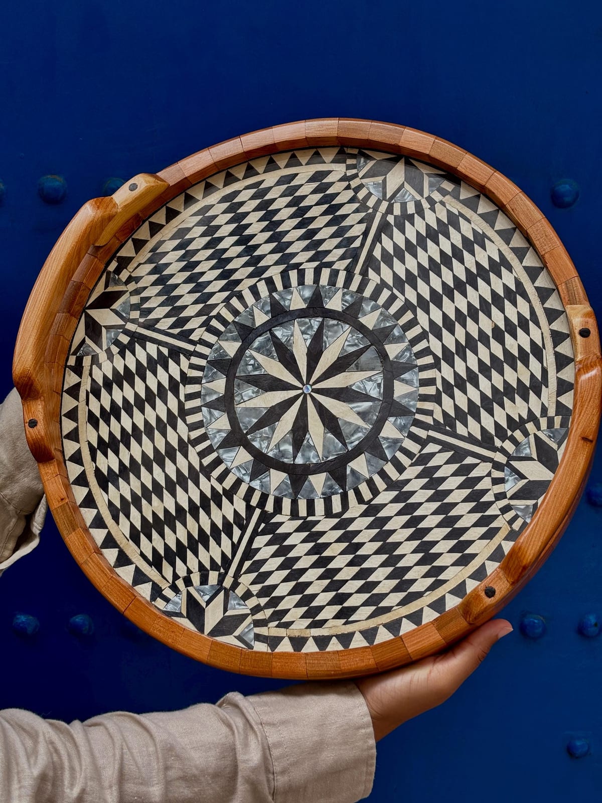 Moroccan Lemon Wood Round Tray with Mother of Pearl Inlay — handcrafted thuya wood piece by Mana Atelier