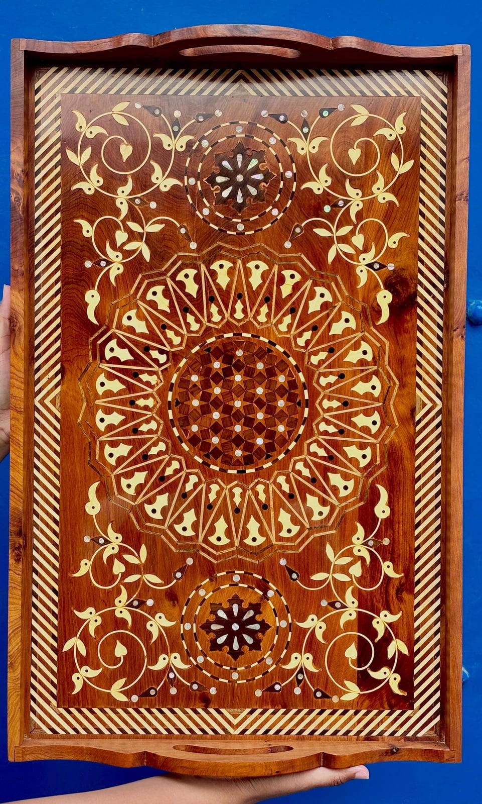 Wood Inlay Serving Tray — Star Rosette & Arabesque Marquetry — handcrafted thuya wood piece by Mana Atelier