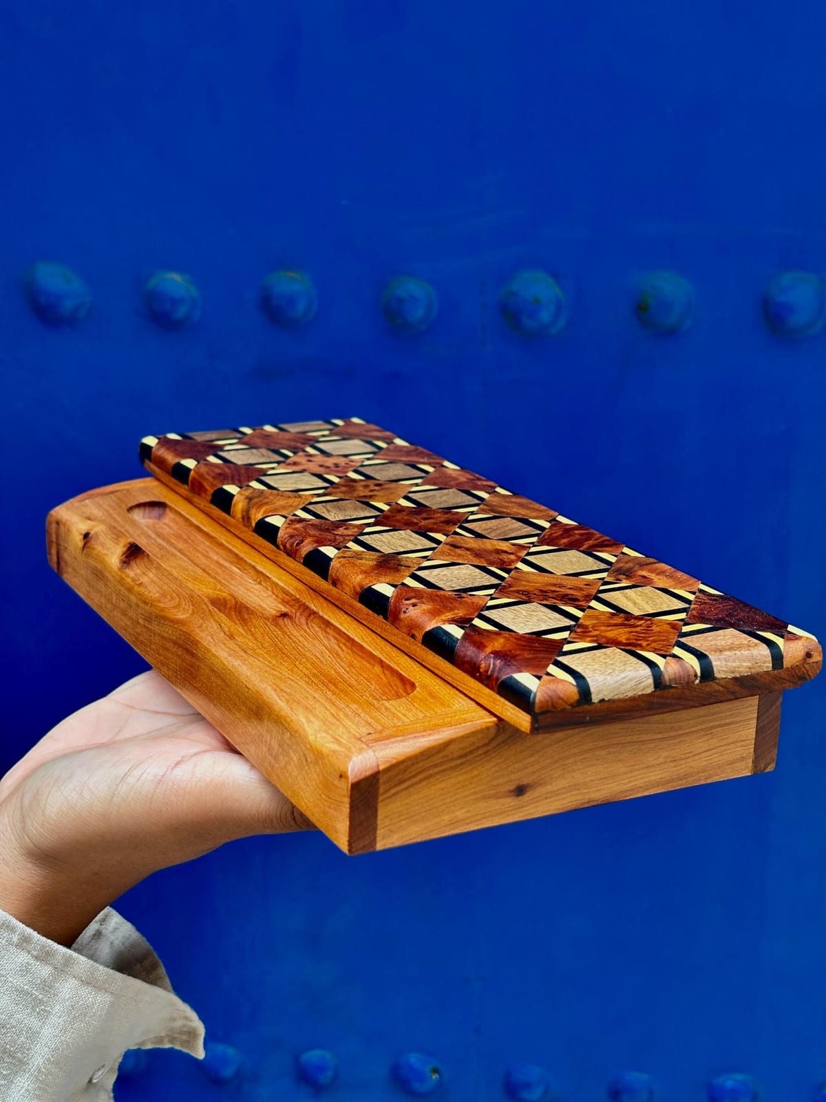 Thuya Wood Pencil Case — Geometric Marquetry Desk Organizer — handcrafted thuya wood piece by Mana Atelier