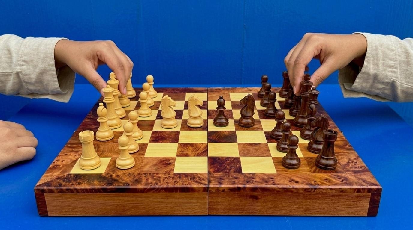 Two people playing chess on a handcrafted thuya wood chess and backgammon board with burl-grain inlaid squares